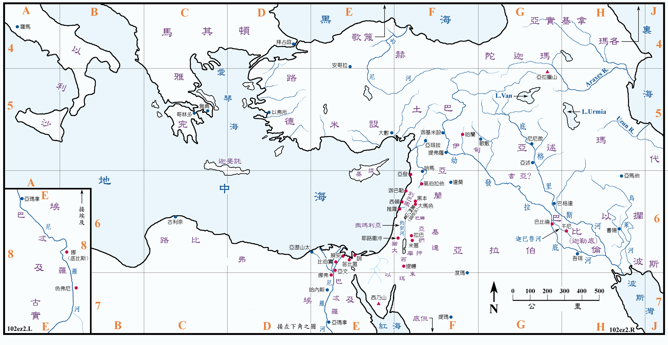 结图二 (102) 以西结书中的以色列地之外各地 Places outside of Israel in Ezekiel ( 原图 ) ( 地图说明 )