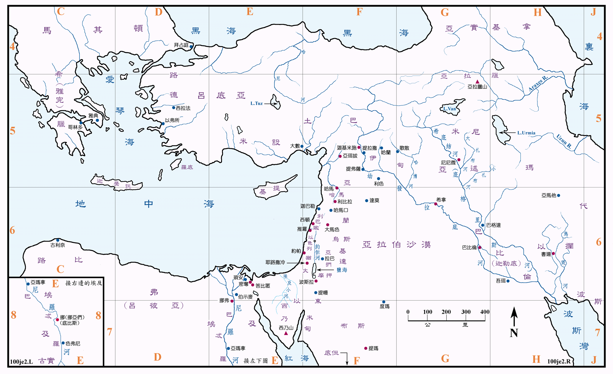 耶图二 (100) 耶利米书中的以色列地之外各地 Places outside of Israel in Jeremiah ( 原图 ) ( 地图说明 )