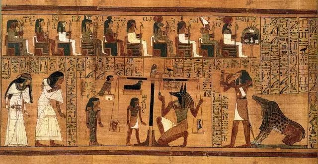 上图：约主前1250年古埃及第十九王朝的《亚尼的亡灵书（Papyrus of Ani; Book of the Dead）》，全长二十四米，共六十章，现藏于大英博物馆。古埃及棺木中都有亡灵书，通常是以纸莎草画成的长卷，描绘死者为获永生所必经的各种磨练、审判的过程。在上图的「秤心审判」中，死者亚尼和妻子来到冥王奥西里斯（Osiris）前接受审判。奥西里斯面前有一具天平，天平左边放着死者亚尼的心脏，右边放着代表真理和秩序之神Maat的羽毛。死神阿努比斯（Anubis）正在检查天平是否平衡。如果天平平衡，表示死者生前善良公正，可以复活。如果心脏一端沉重，代表死者作恶多端，他的心脏将被取出丢给怪兽阿米特（Ammit）吃掉，不能复活。阿米特的造型是鳄鱼的嘴、狮子的上半身、河马的下半身。