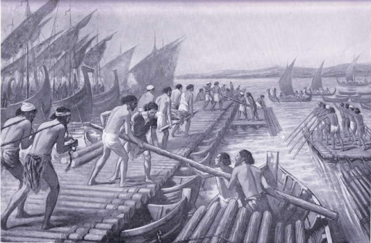 上图：主前480年，波斯王薛西斯一世第二次入侵希腊，腓尼基人为波斯军队建造渡海浮桥。主前539年波斯王古列征服巴比伦以后，腓尼基人务实地向波斯臣服，被划分为四个藩属国：西顿、推罗、阿瓦德（Arwad）和比布鲁斯（Byblos），当地的腓尼基王被允许自治、世袭和铸币。而腓尼基人也不负所望地为波斯帝国作出了重要贡献，在希波战争期间为波斯海军提供了大部分船只和水手，并且修建了薛西斯运河（Xerxes Canal）和跨海浮桥，帮助波斯陆军跨越海峡进入希腊大陆。