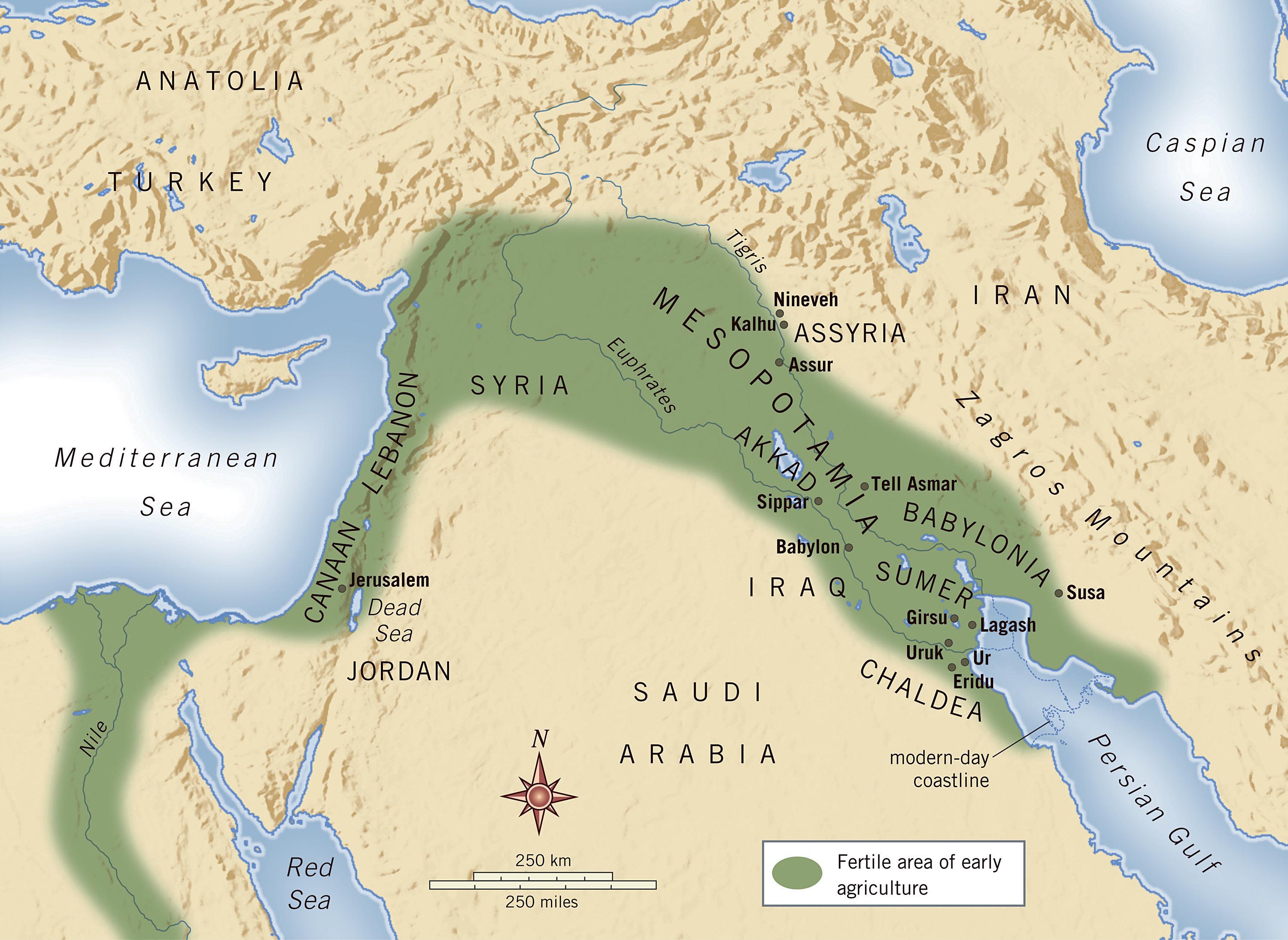 上图：古代美索不达米亚平原。美索不达米亚（Mesopotamia）是古希腊人对两河流域的称呼，两条河指幼发拉底河（Euphrates）和底格里斯河（Tigris），这两条河发源于今天土耳其境内的安纳托利亚（Anatolia）山区，流经美索不达米亚平原，在下游逐渐汇聚成阿拉伯河，流入波斯湾。两河之间的美索不达米亚是由沙漠、山峦和大海环绕而成的平原，周围缺少天然屏障，历史上有许多民族在此接触、入侵、融合，产生了人类最早的古文明，称为两河文明或美索不达米亚文明。这两条河每年泛滥，所以下游土壤肥沃，富含有机物和矿物质，同时该地气候干旱，需要用大规模的人力协作来进行灌溉，从事农业丰产。因此这里很早就形成了成熟的文字、众多的城市及周围的农业社会，相继出现了欧贝德（Ubaid）、乌鲁克（Uruk）、吾珥（Ur）、苏美尔（Sumer）、阿卡德（ Akkadian）、巴比伦（Babylon）、亚述（Assyria）等古代文明，最终被波斯和希腊帝国所征服，渐渐被人遗忘。从美索不达米亚到尼罗河（Nile）流域的新月形地带，被称为肥沃新月（Fertile Crescent）。