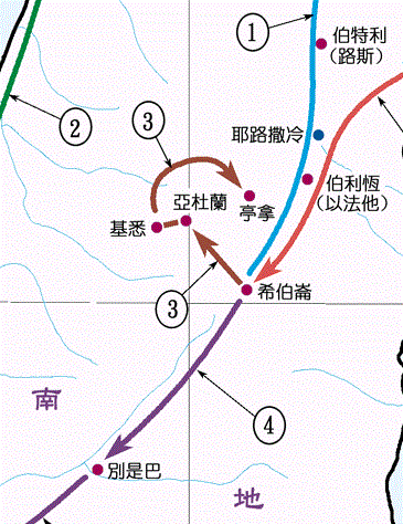 上图：犹大离开希伯仑后，在亚杜兰、基悉、亭拿一带生活。
