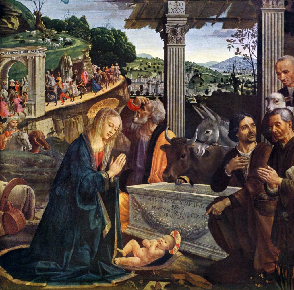 上图：意大利文艺复兴画家多米尼哥·基兰达奥（Domenico Ghirlandaio）于1485年创作的油画《牧羊人的崇拜 Adoration of the Shepherds》，画中围绕着马槽的有牛、驴和羊。圣经中并没有提到主耶稣出生时有动物在场，但有关耶稣诞生的传统名画中通常都画有牛和驴，暗示先知以赛亚所说的：「牛认识主人，驴认识主人的槽，以色列却不认识；我的民却不留意」（赛一3）。神的儿子降生在犹太地、万王之王降生在人间，连牛和驴都知道发生了大事，神的百姓却茫然无知、世人也不以为然。