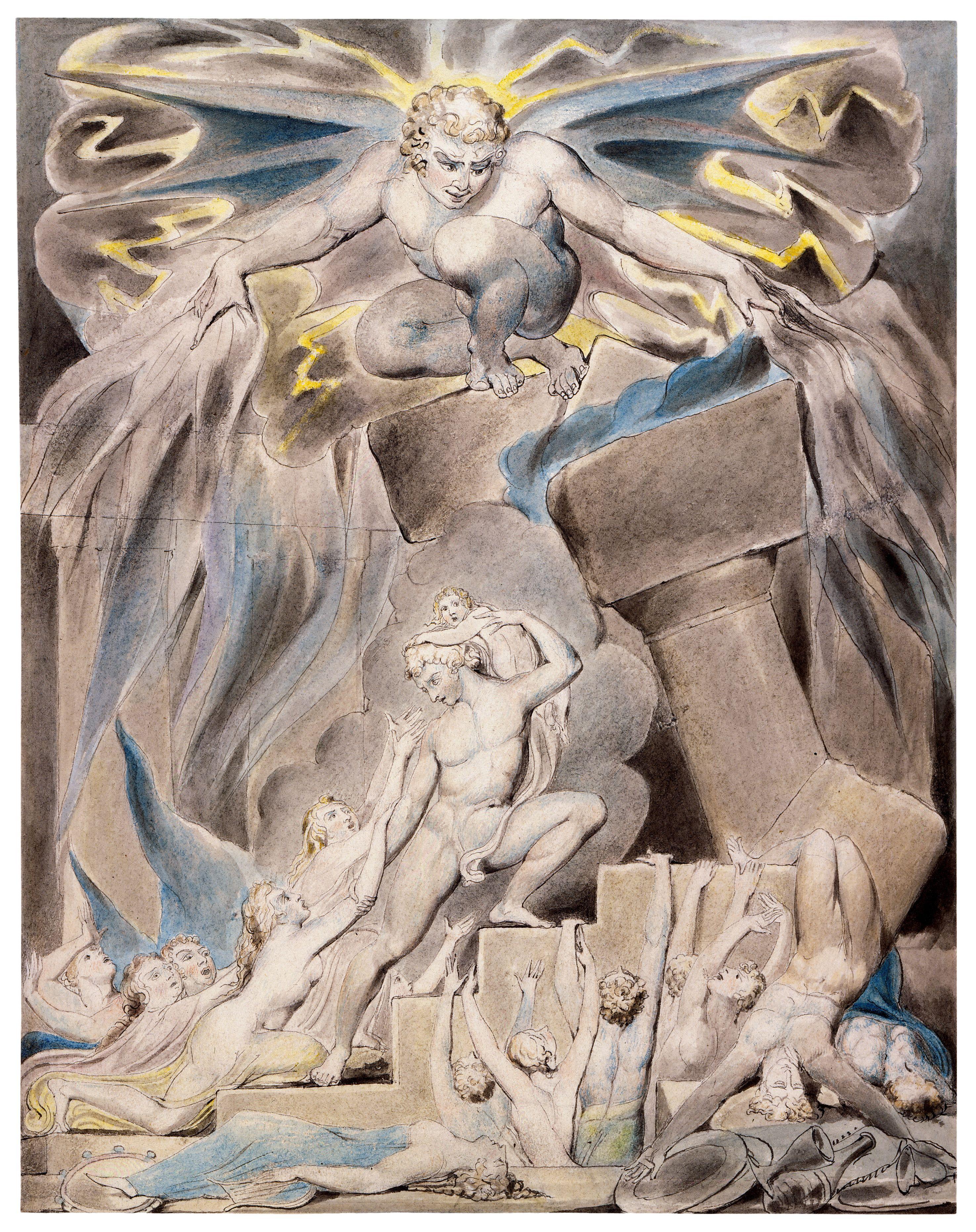 上图：英国诗人、画家威廉·布莱克（William Blake，1757-1827年）的版画《约伯的儿女被撒但击打 Job's Sons and Daughters Overwhelmed by Satan》，描绘「你的儿女正在他们长兄的家里吃饭喝酒，不料，有狂风从旷野刮来，击打房屋的四角，房屋倒塌在少年人身上，他们就都死了」（伯一18-19）。