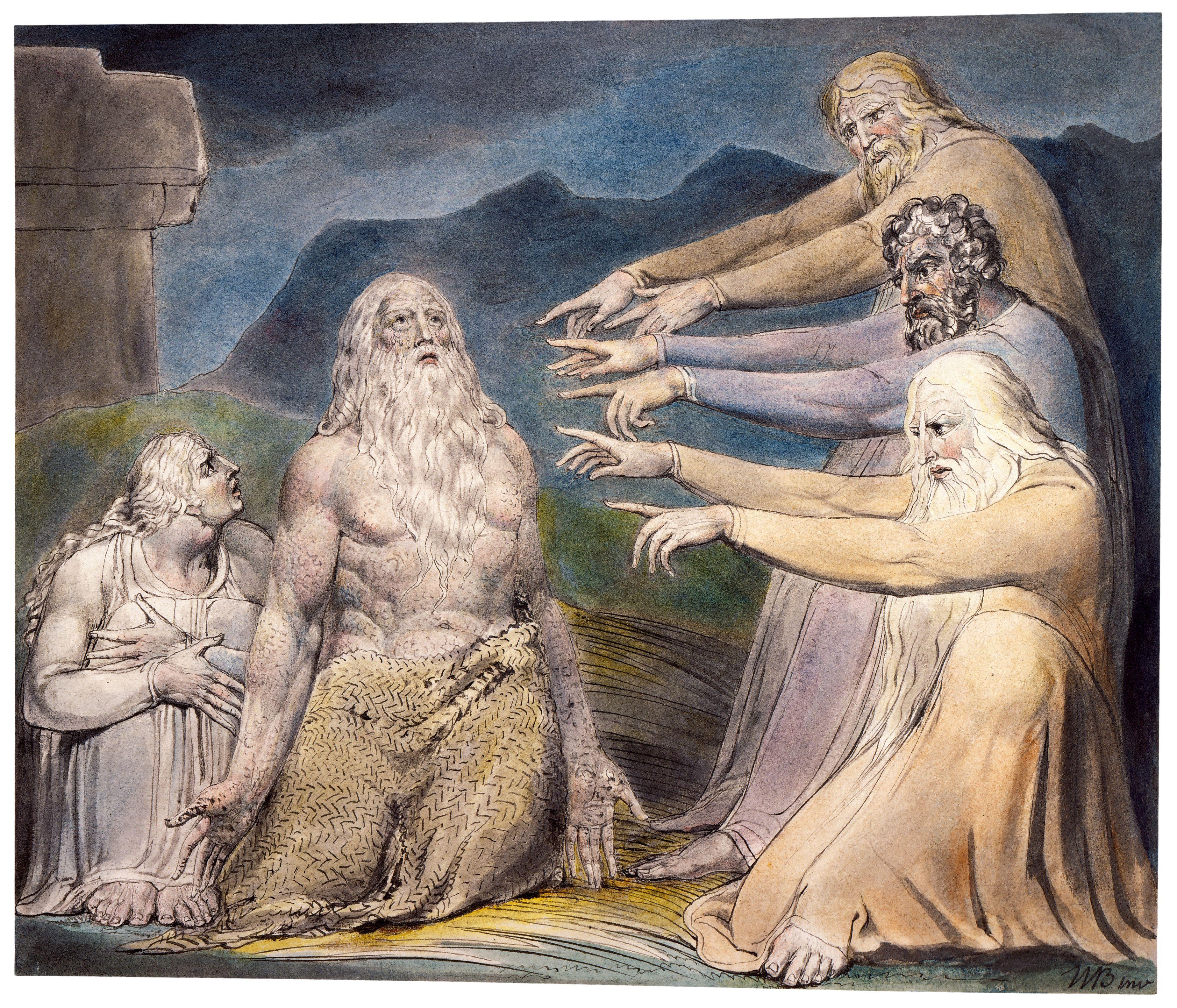 上图：英国诗人、画家威廉·布莱克（William Blake，1757-1827年）的版画《约伯被他的朋友们指责 Job Rebuked by His Friends》，描绘「公义完全人，竟受了人的讥笑」（伯十二4）。