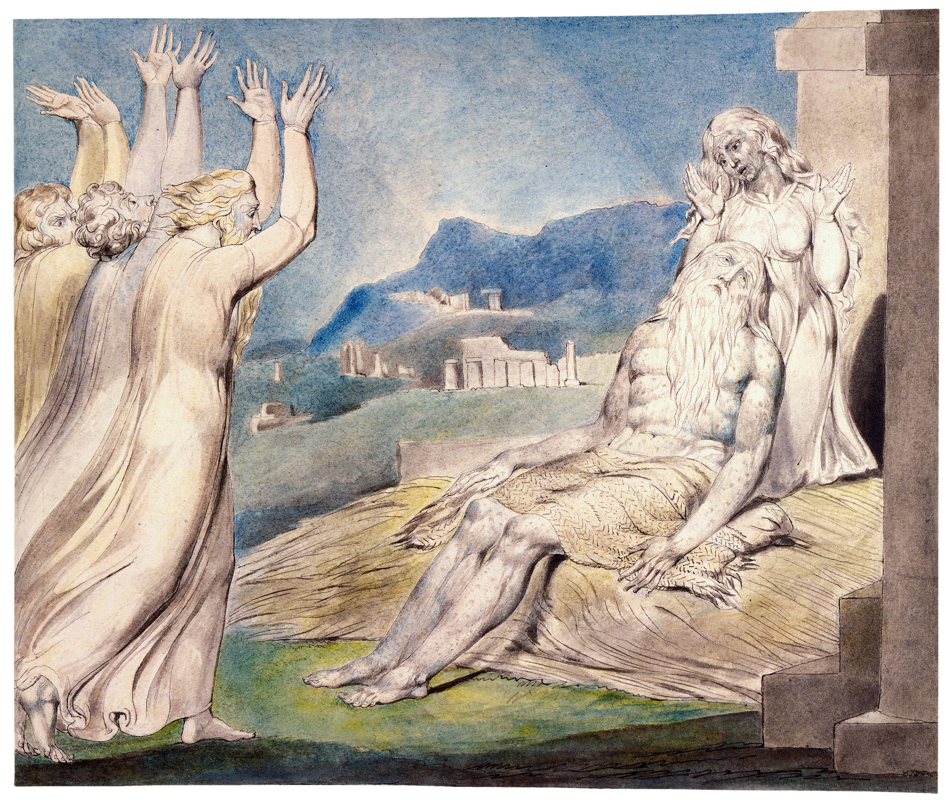上图：英国诗人、画家威廉·布莱克（William Blake，1757-1827年）的版画《约伯的安慰者 Job's Comforters》，描绘「他们远远地举目观看，认不出他来，就放声大哭。各人撕裂外袍，把尘土向天扬起来，落在自己的头上」（伯二12）。