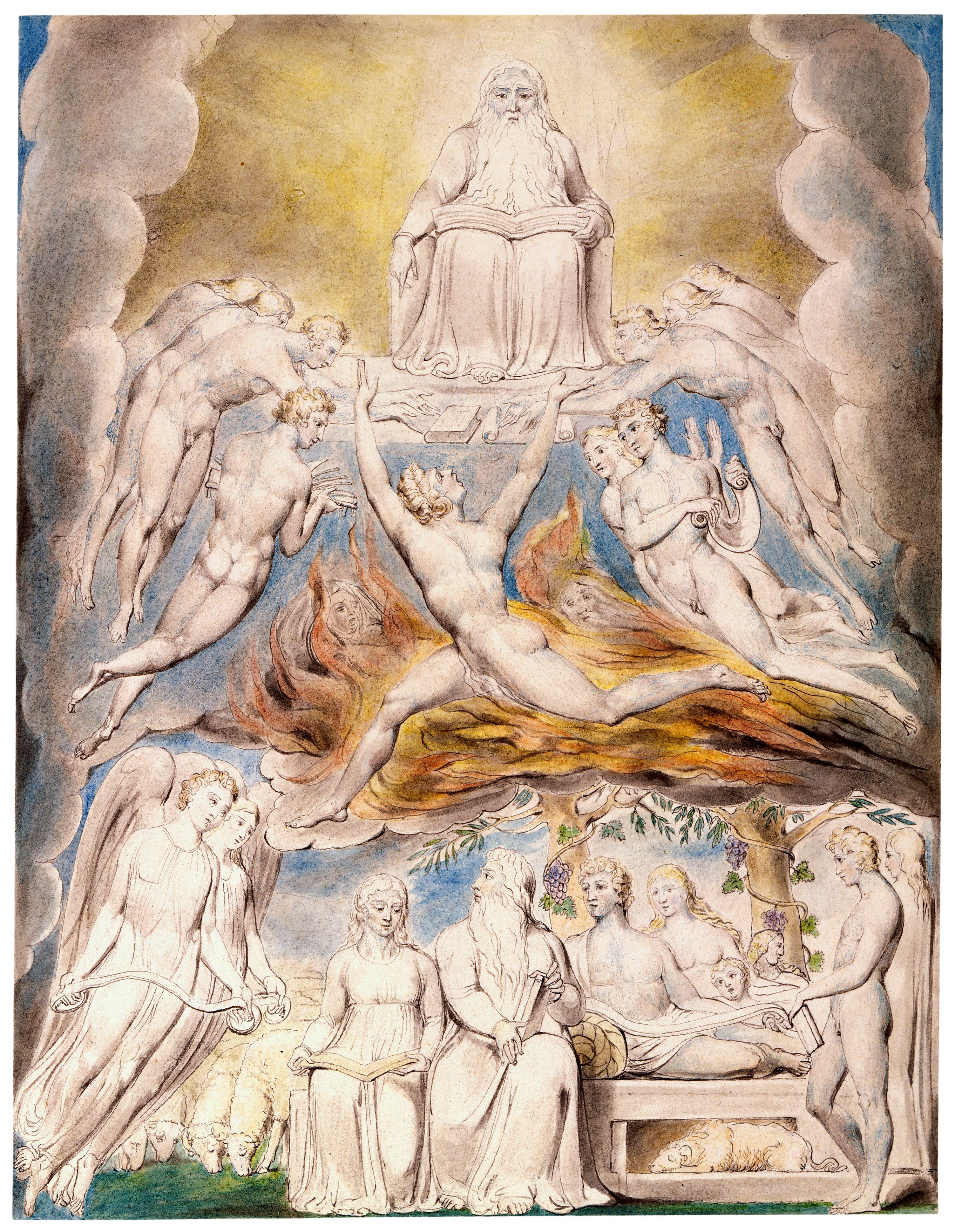 上图：英国诗人、画家威廉·布莱克（William Blake，1757-1827年）的版画《撒但在神的宝座前 Satan Before the Throne of God》，描绘「全能者仍与我同在，我的儿女都环绕我」（伯二十九5）。