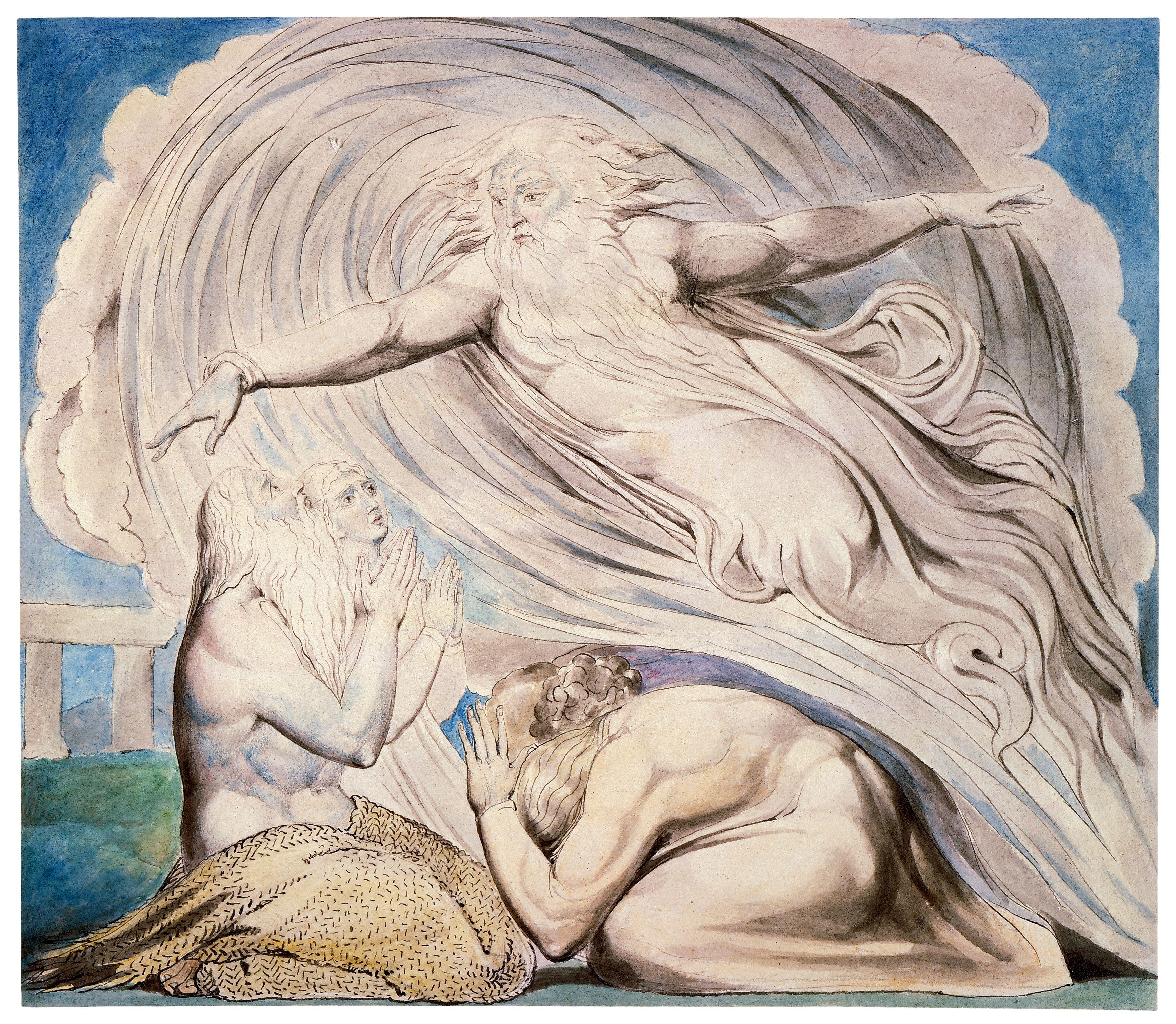 上图：英国诗人、画家威廉·布莱克（William Blake，1757-1827年）的版画《耶和华在旋风中回答约伯 The Lord Answering Job out of the Whirlwind》，描绘「那时，耶和华从旋风中回答约伯」（伯三十八1）。