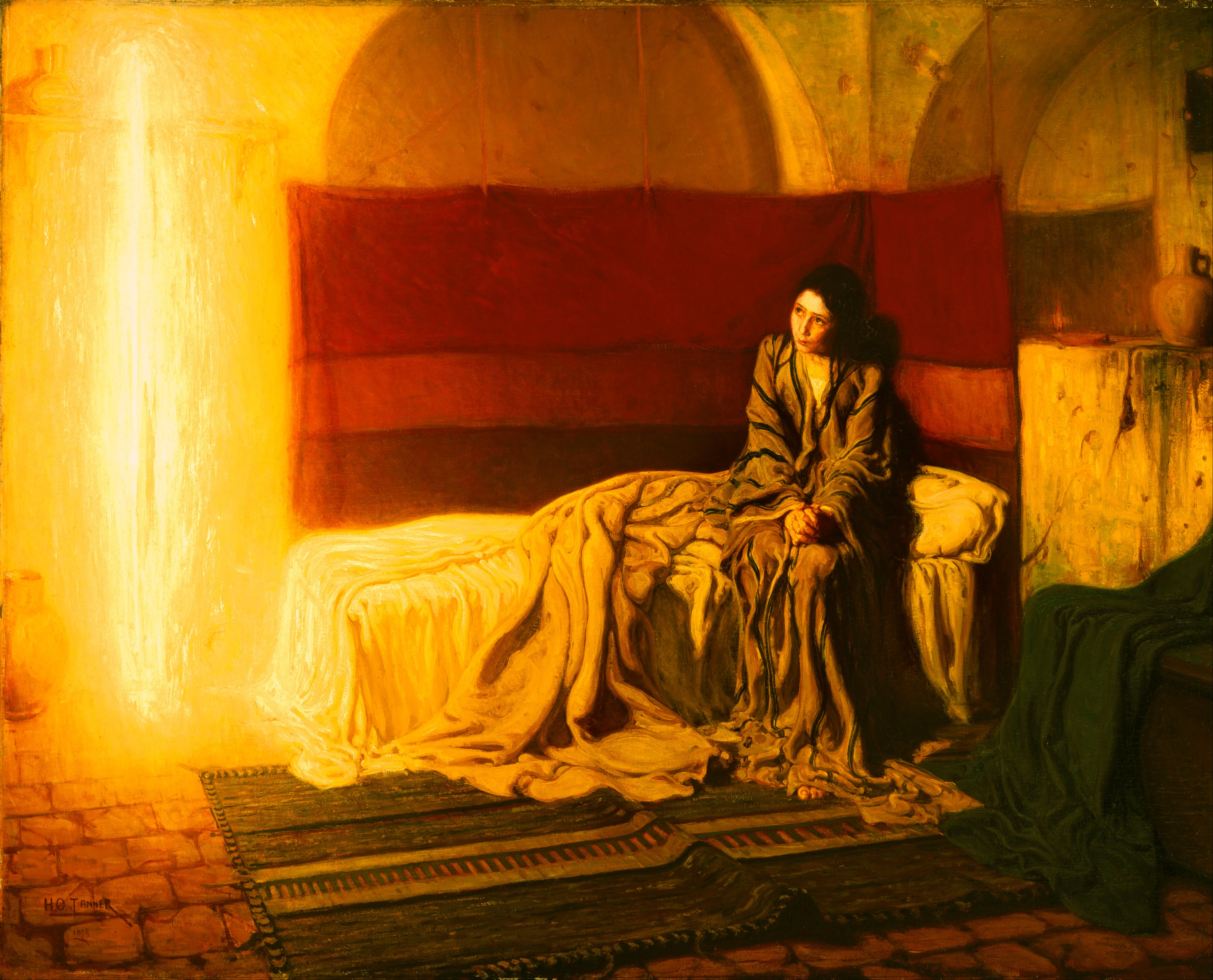 上图：美国19世纪非裔画家坦纳（Henry Ossawa Tanner， 1859-1937年）创作的《天使报喜图 The Annunciation），现藏于费城艺术博物馆。天使加百列被画成一团光，与左上角的架子形成了一个十字架。而马利亚与传统绘画中的形象完全不同，是一个中东农民女性的形象。