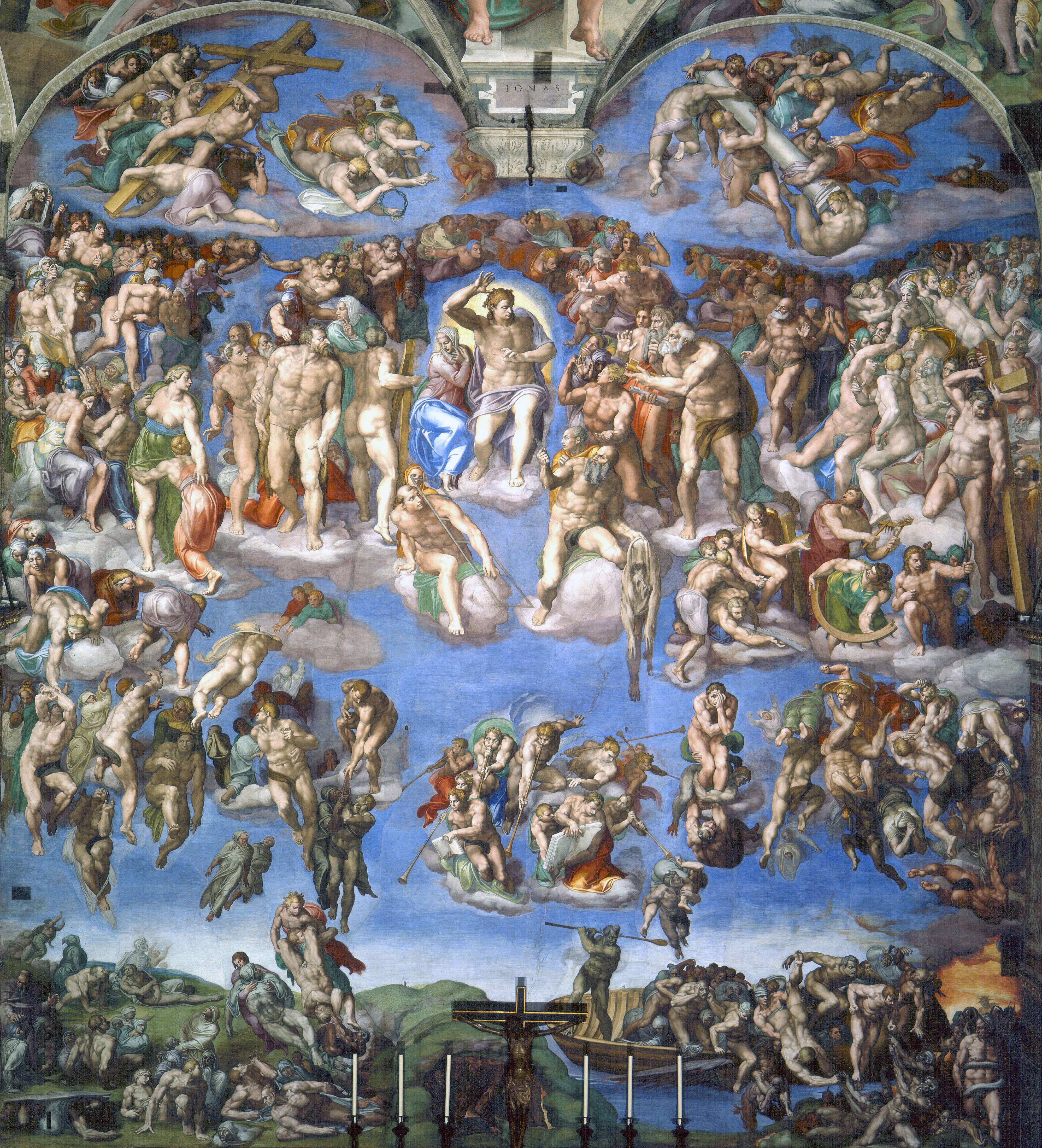 上图：《最后的审判》（Il Giudizio Universale），是意大利文艺复兴时期的画家和雕塑家米开朗基罗于1534年至1541年为西斯廷礼拜堂绘制的一幅巨型祭坛画，描绘基督再来审判世界。画面上方与天顶画相接处两个半圆形画面是一些无翼天使，左面一组抱的是十字架，右面一组抱的是耻辱柱。耶稣下方八个吹号角的天使正在唤醒死者宣示审判开始。画面正中央的耶稣正举起右臂宣告审判开始，看着下到地狱的人群。圣母玛丽亚站在耶稣右边，看着升上天国的人群。耶稣周围是十二门徒和殉道者们：耶稣右脚下方是殉道者圣·劳伦斯，他拿着烤肉架，因为他被放在烤肉架上活活烤死；耶稣左脚下方是使徒巴多罗买，手中拿着殉道时被割下的人皮，皮上的脸是米开朗基罗自己。画面下方左侧是升往天国的人群，右侧是将打入地狱的亡魂。画面右下角的船上向亡魂挥舞船桨的是地狱的引渡人，坐上船的亡魂将渡过阿克隆河进入地狱。米开朗基罗所厌恶的教宗儒略二世正在被地狱的蛇怪撕咬。