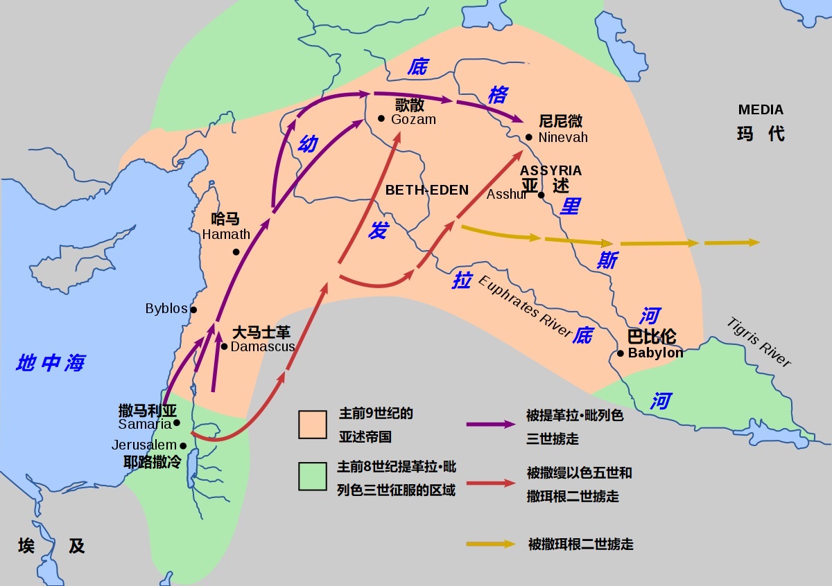 上图:主前743年以后提革拉·毗列色三世的扩张,以色列人被亚述掳走。提革拉·毗列色三世强迫迁徙被征服地区的人民,以穏固亚述帝国的统治。