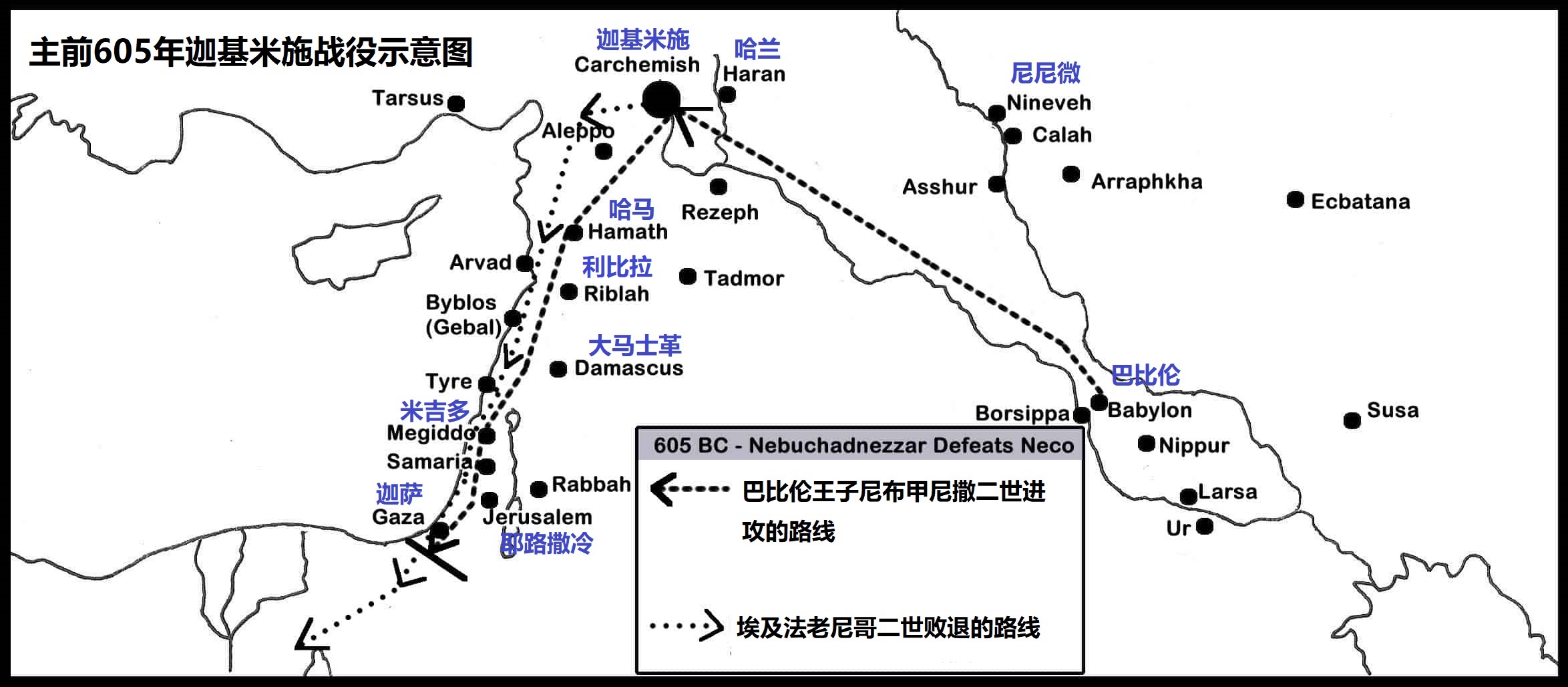 上图:迦基米施战役示意图。主前612年,巴比伦和玛代联军摧毁了亚述首都尼尼微,亚述迁都哈兰。主前610年,哈兰被攻陷,亚述残余力量逃到幼发拉底河上游埃及统治下的迦基米施。主前609年春天,埃及法老尼哥二世于率军北上援助末代亚述王。主前605年,尼布甲尼撒二世率领巴比伦和玛代联军,在迦基米施战役(Battle of Carchemish)中打败亚述和埃及联军,亚述帝国灭亡。