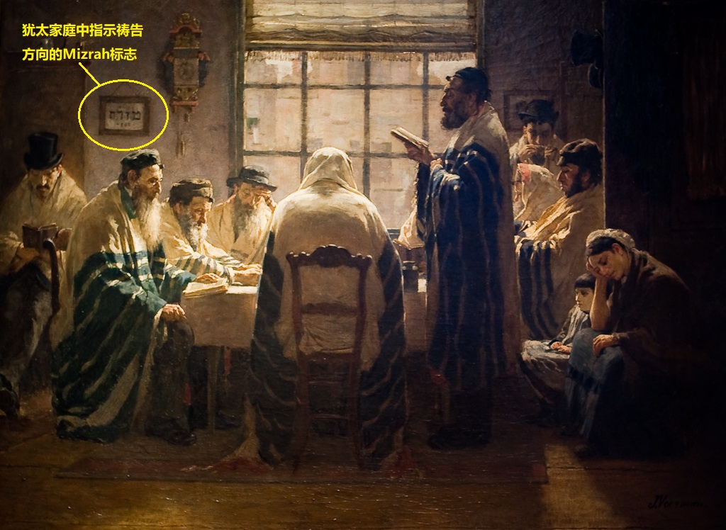 上图:油画《De Treurdagen》(Jan Voerman绘于1884年),画中左上角的墙上有犹太人家中的Mizrah标志。希伯来语Mizrah(מִזְרָח)的意思是「东方」,特指散居在耶路撒冷西方的犹太人的祷告方向,也指会堂中朝东的那面墙,或指犹太人家中用于指示祷告方向的装饰物,上面会写上Mizrah(מִזְרָח),有的还写上「从日出之地到日落之处,耶和华的名是应当赞美的」(诗一百一十三3),或画上圣地图案。根据所罗门的祷告(王上八33、44、48;代上六34),塔木德规定,犹太人在国外要面向以色列祷告,在以色列要面向耶路撒冷祷告,在耶路撒冷要面向圣殿祷告,在圣殿要面向至圣所祷告。犹太会堂通常会尽量朝向耶路撒冷的方向。如果犹太人祷告时无法确定位置,就应当将自己的心引向耶路撒冷。但以理就是面向耶路撒冷祷告(但六10)。