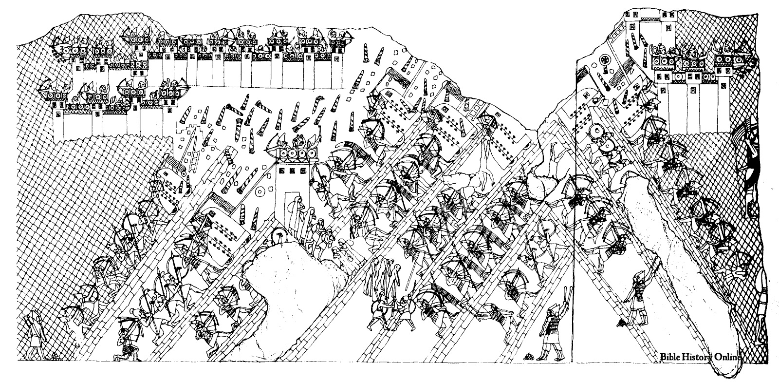 上图:拉吉之围(Siege of Lachish)浮雕上的图画,描绘了主前701年,亚述王西拿基立(Sennacherib)的军队围攻犹大要塞拉吉的惨烈战况。浮雕出土于尼尼微西拿基立的宫殿中,现藏于大英博物馆。