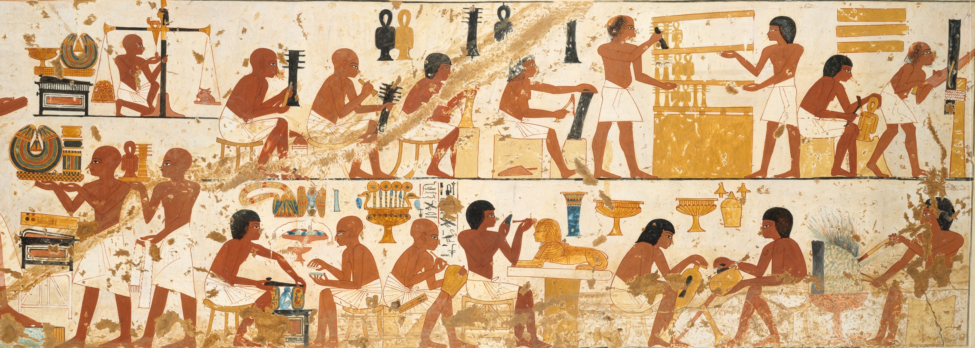 上图:古埃及第十八王朝TT181号墓(Tomb of Nebamun and Ipuky,主前1390-1349年)壁画上工匠的工作场面,现藏于纽约大都会博物馆。