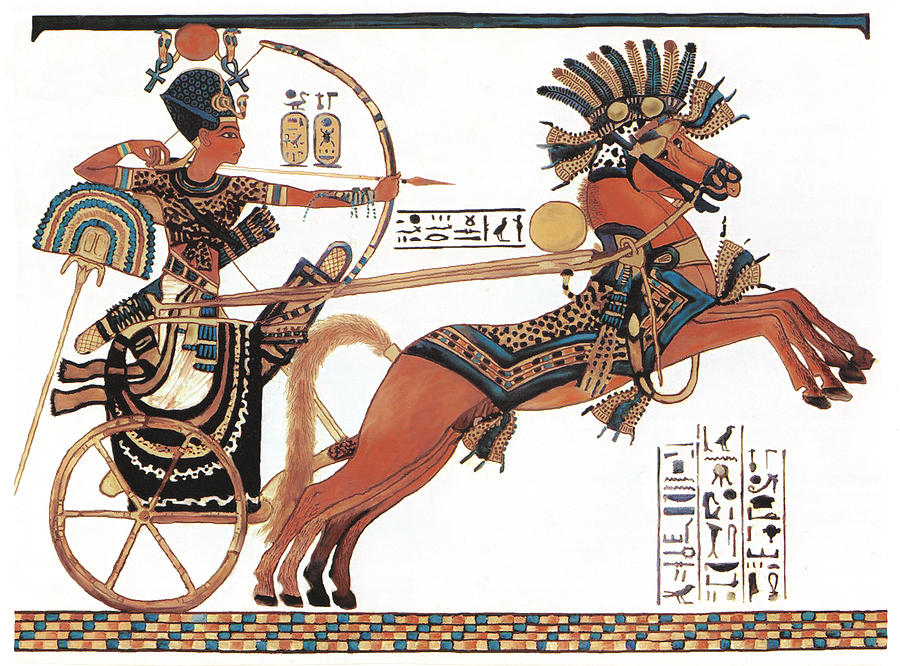 上图:古埃及第十八王朝法老图坦卡蒙(Tutankhamun,主前1332–1323年)驾战车的壁画。