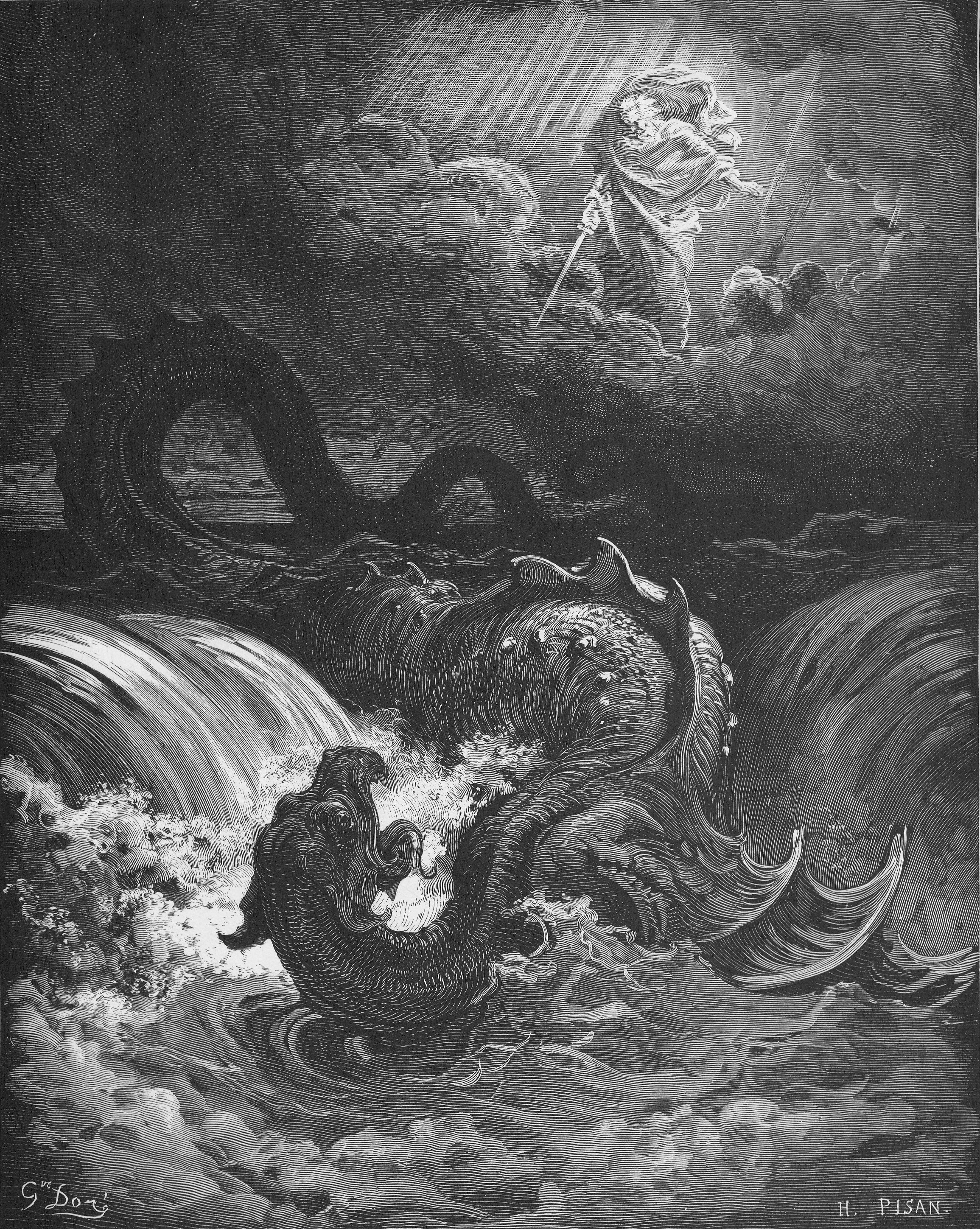 上图:法国版画家古斯塔夫·多雷(Gustave Doré,1832-1883年)1866年的木刻《利维坦的毁灭 The Destruction of Leviathan》。