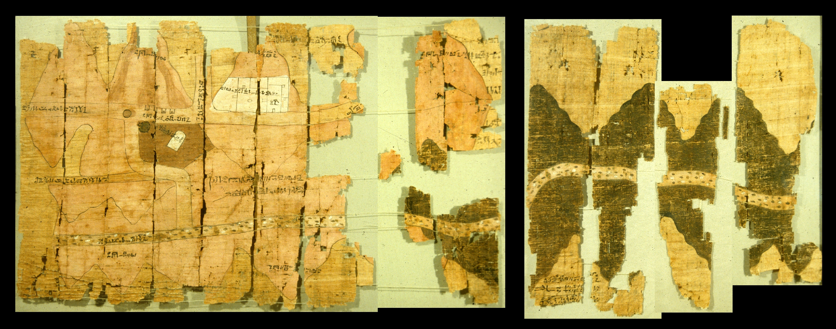 上图:主前1150年左右的古埃及都灵莎草纸采矿地图(Turin Papyrus Map),描绘了东部沙漠哈马马特旱溪(Wadi Hammamat)的矿场位置和地形,被认为是最古老的地图。