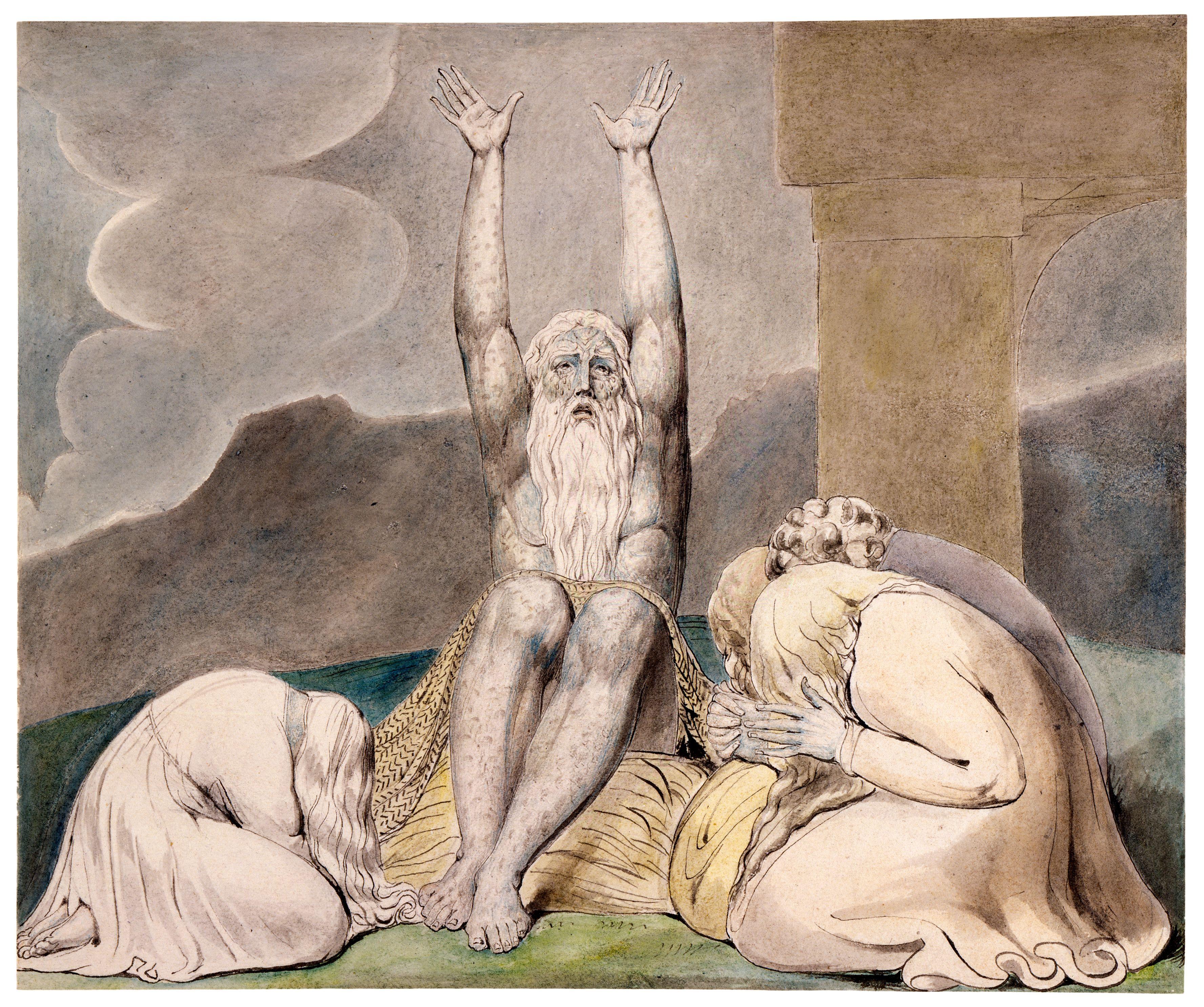 上图:英国诗人、画家威廉·布莱克(William Blake,1757-1827年)的版画《约伯的绝望 Job's Despair》,描绘「愿我生的那日和说怀了男胎的那夜都灭没」(伯三3)。