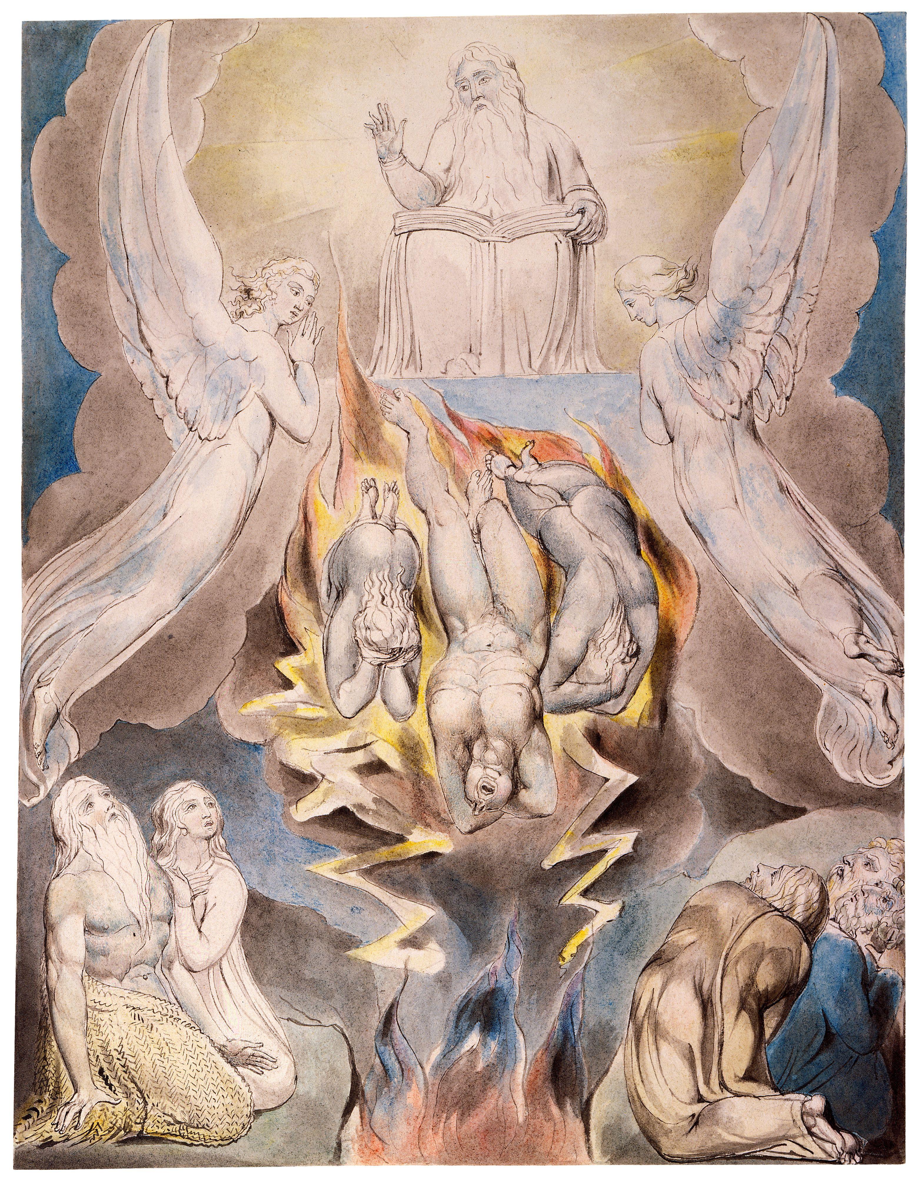 上图:英国诗人、画家威廉·布莱克(William Blake,1757-1827年)的版画《撒但的坠落 The Fall of Satan》,描绘「判断和刑罚抓住你」(伯三十六17)。