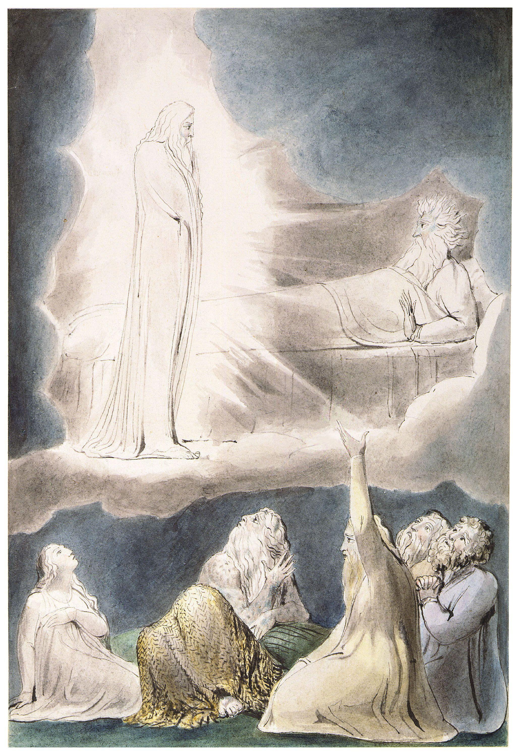 上图:英国诗人、画家威廉·布莱克(William Blake,1757-1827年)的版画《以利法的异象 The Vision of Eliphaz》,描绘「恐惧、战兢临到我身,使我百骨打战」(伯四14)。