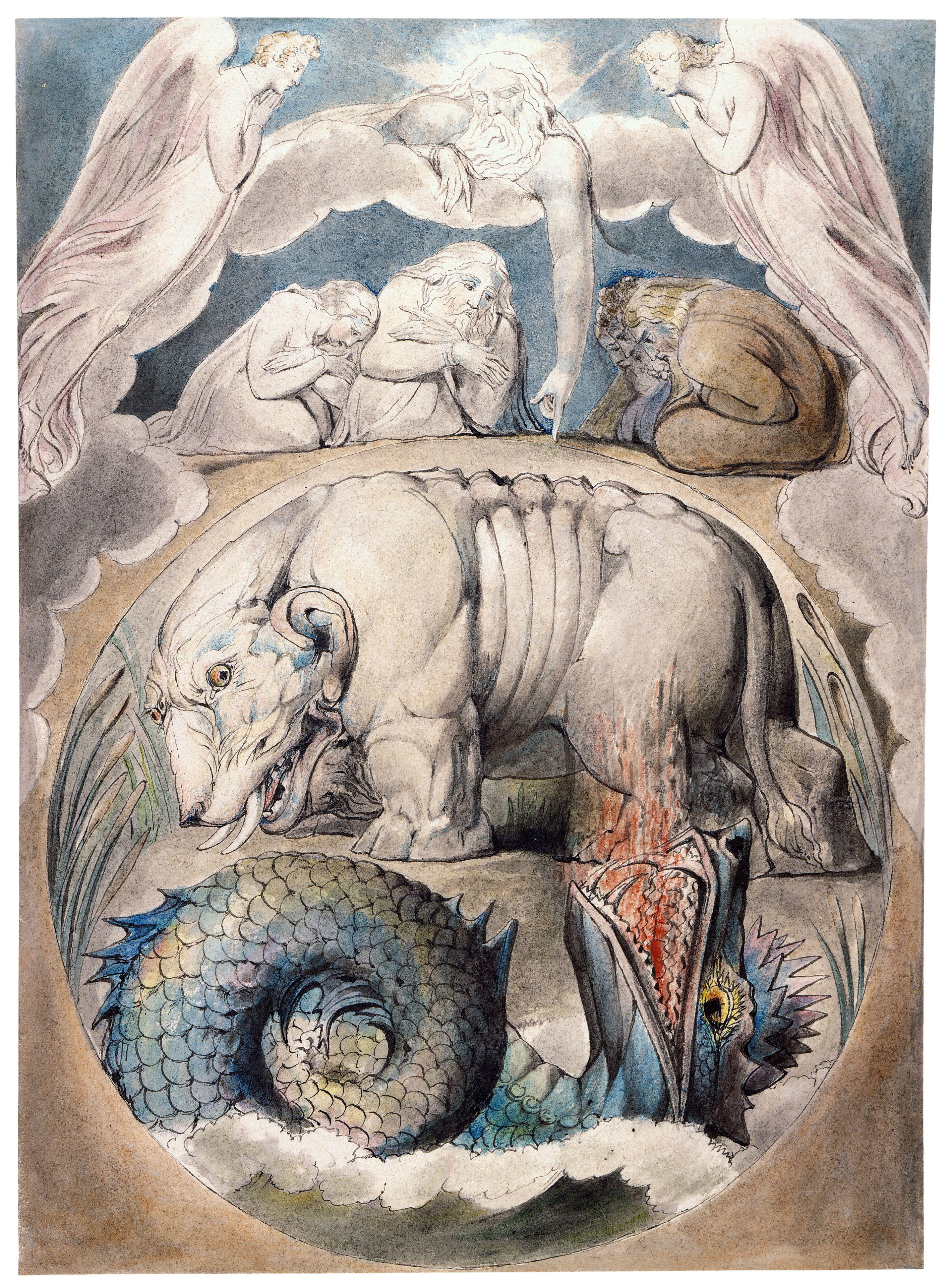 上图:英国诗人、画家威廉·布莱克(William Blake,1757-1827年)的版画《河马和利维坦 Behemoth and Leviathan》,描绘「你且观看河马。我造你也造它」(伯四十15)。