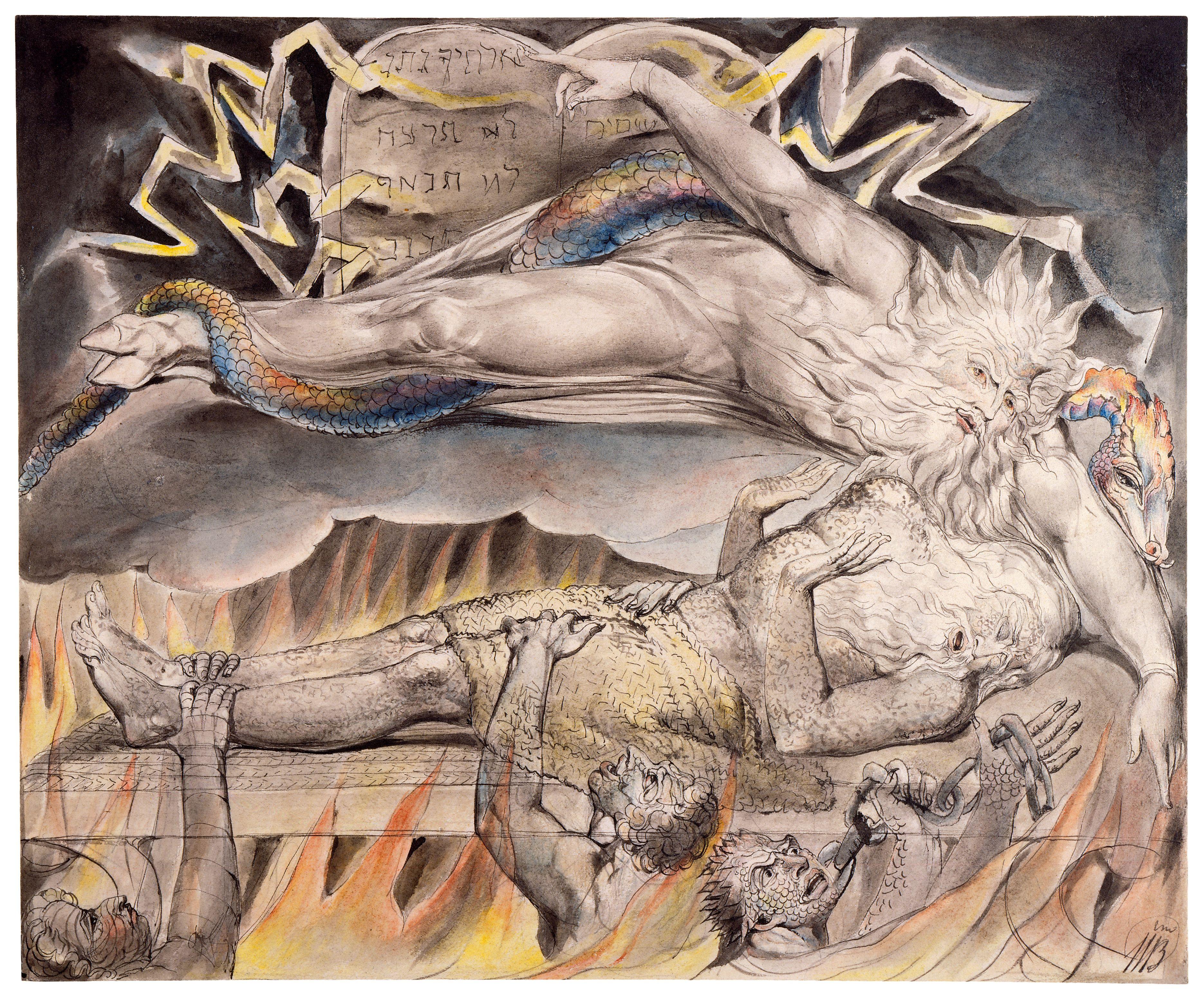 上图:英国诗人、画家威廉·布莱克(William Blake,1757-1827年)的版画《约伯的噩梦 Job's Evil Dreams》,描绘「你就用梦惊骇我,用异象恐吓我」(伯七14)。
