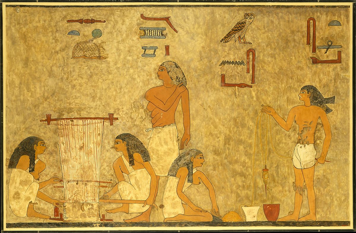 上图:古埃及壁画上的织布场景,两位女工用梭在织布机上织亚麻布(Tomb of Khnumhotep,大约主前1897–1878)。