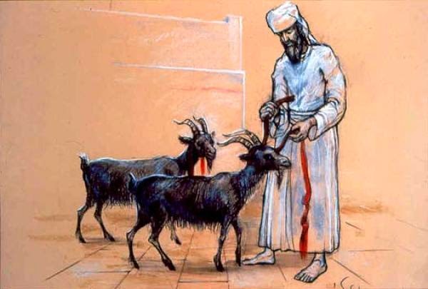 上图:大祭司在给两只山羊做记号。根据《他勒目 Talmud》记载,两只山羊要尽可能相像,要用朱红色线系在「归与阿撒泻勒」的羊角上,又系在「归与耶和华」的羊脖子上。犹太传统认为,如果在献祭和送走替罪羊之后,这条朱红色线变白了(the strip of crimson wool turn white),表明百姓的罪孽已经被赎。而在第二圣殿被毁之前40年,朱红色线停止变白,反而变得更为深红(《他勒目 Talmud》Rosh Hashana 31b, Yoma 39b)。