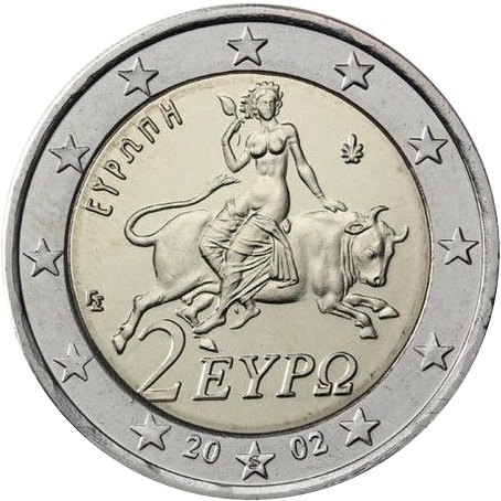 上图:2002年希腊发行的€2欧元硬币,上面的图案是欧罗巴(Europa)被宙斯化身的公牛诱拐到克里特岛,欧罗巴(Europa)的名字成为欧洲的名字,在所有日耳曼语、斯拉夫语、希腊语和拉丁语中,欧洲的名字都是Europa,只有英语是Europe。 在希腊神话中,欧罗巴是一个美丽的腓尼基公主,最高神宙斯看上了她,就变成白公牛,把欧罗巴诱拐到克里特岛,和她生下了儿子米诺斯(Minos),成为克里特之王。米诺斯兄弟三人都是同性恋,他的妻子与海神波塞冬送的公牛结合,生下了牛头人身的怪物弥诺陶洛斯(Minotaur),住在迷宫之中,并让雅典人每年献7对童男童女来供它食用。雅典王子忒修斯(Theseus)杀死了牛怪,但他父亲埃勾斯(Aegeus)误以为他已遇难,悲痛投海,这海就起名为爱琴海(Aegean Sea)。 欧罗巴的传说实际上就是「人兽淫合」,从古代埃及、美索不达米亚、迦南、希腊、伊朗、印度、中国和日本的艺术作品中,可以看到当时「人兽淫合」的现象非常普遍,这些在神的眼中都是「可憎恶的事」。