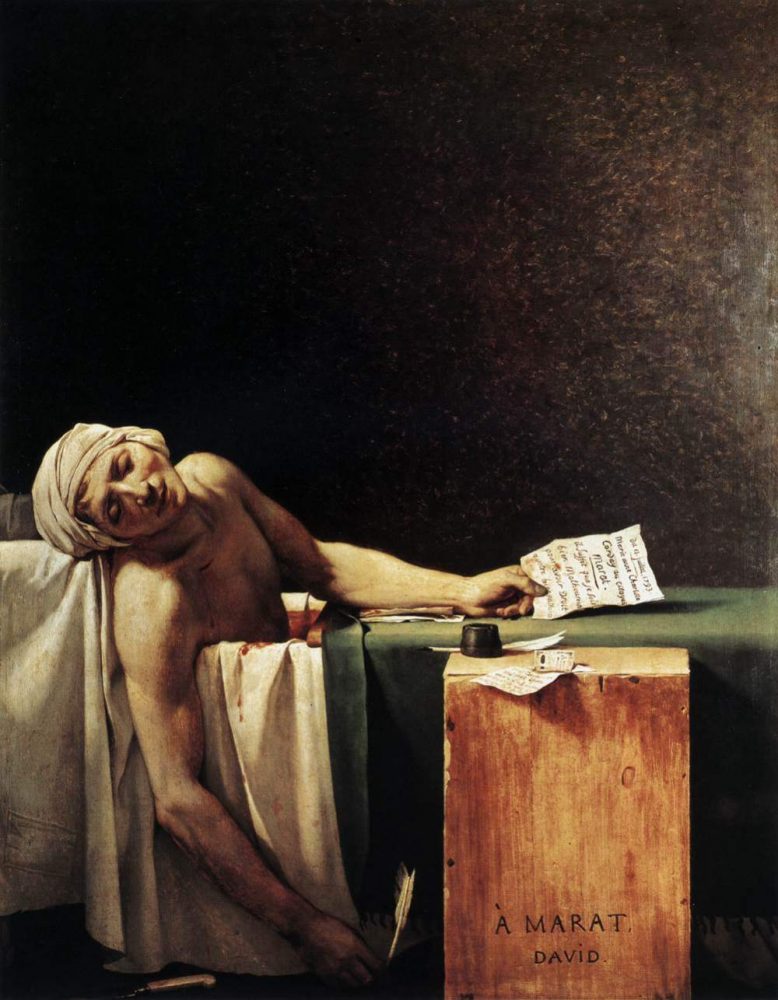 上图:法国大革命画家雅克-路易·大卫(Jacques-Louis David)1793年的油画作品《马拉之死 The Death of Marat》。让-保尔·马拉(Jean-Paul Marat,1743-1793年)是法国大革命时期的革命家,因有慢性皮肤疾病,每天泡在带有药液的浴缸中为革命工作。1793年1月,法国大革命吉伦特派(Girondins)主导的国民公会(Convention nationale)投票把善良的国王路易十六推上了断头台。6月,更革命的雅各宾派(Jacobin)逮捕了吉伦特派,马拉负责主持镇压吉伦特派。7月,当他记录吉伦特派名单、准备把他们送上断头台的时候,被吉伦特派的支持者刺杀了。马拉的朋友雅克-路易·大卫把马拉描绘成为革命献身的殉道者,激起了法国人对雅各宾派的同情,把雅各宾派的恐怖政治推上了巅峰,以致罗伯斯庇尔说:「马拉的死亡竟然比他的生命更影响这个世界」。10月,雅各宾派主导的国民公会投票把吉伦特派领导人集体推上了断头台。到了1794年7月,其他革命者主导的国民公会又投票把雅各宾派的领导人集体推上了断头台。离开神来谈论「公义」,只不过是「成者为王、败者为寇」,革命只不过是「城头变幻大王旗」而已,正如吉伦特派革命者罗兰夫人(Madame Roland)在断头台上向着革命广场上的自由雕像发出的叹息:「自由自由,天下古今几多之罪恶,假汝之名以行!」