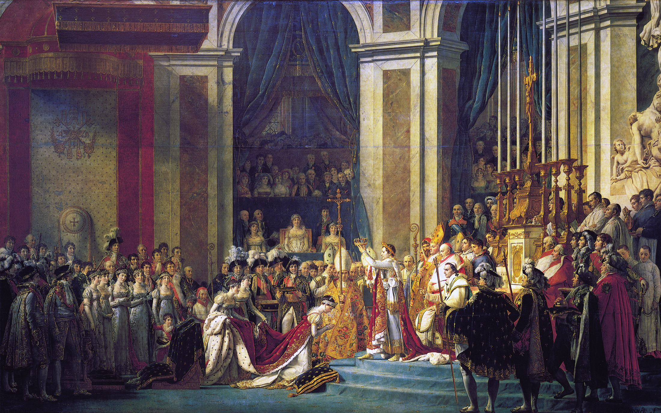 上图:法国大革命画家雅克-路易·大卫(Jacques-Louis David)1807年的油画作品《拿破仑加冕典礼 The Coronation of Napoleon》,描绘1804年12月巴黎圣母院的拿破仑加冕大典。在教宗庇护七世的旁观下,拿破仑自己将皇冠戴到头上,然后加冕妻子为皇后。1804年11月,昔日追求「自由、平等、博爱」,投票把善良的国王路易十六推上断头台的法国革命群众,又通过公民投票把法兰西共和国改为法兰西帝国,拥戴拿破仑(Napoleon)为皇帝。而昔日的革命者雅克-路易·大卫也放弃了革命信仰,摇身一变成为宫廷画师,为拿破仑皇帝画了许多著名的画像,包括《跨越阿尔卑斯山圣伯纳隘道的拿破仑 Napoleon Crossing the Alps》。法国人为了追求自由、民主、「公义」的革命,结果不过是给自己换了一个皇帝。相似的一幕此后在世界各国的政治舞台上不断重演,不住地让人反思什幺才是「公义」的标准。