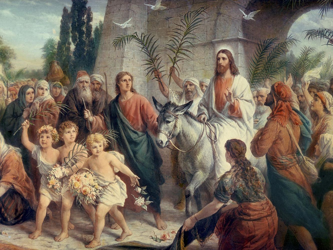上图:耶稣基督骑驴进入耶路撒冷的艺术想象图。棕树主日(Palm Sunday)是复活节之前的主日,标志着圣周的开始,是天主教、东正教、圣公会、信义宗等基督教宗派庆祝的节日,以记念耶稣基督在这一天骑驴入耶路撒冷,百姓手持棕榈树枝、欢呼和散那,把祂当作弥赛亚君王来欢迎。
