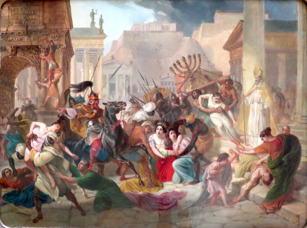 上图:油画《455年盖萨里克洗劫罗马》(Genseric sacking rome,Karl Bryullov绘于1833-1836年)。西哥特人410年洗劫罗马城后不久,向西进入高卢南部,逐走已经占领西班牙的蛮族汪达尔人。汪达尔人渡海进入北非,于439年攻克迦太基城,建立了汪达尔王国。攻占北非的汪达尔人切断了罗马的一个重要的粮食来源,他们在地中海的海盗行为也破坏了罗马帝国本身本已十分脆弱的商业网。主后455年,汪达尔国王盖萨里克应西罗马帝国皇帝瓦伦提尼安三世的遗孀尤多克西亚的求助,率领大批舰队渡海北上,攻陷罗马、推翻了篡位者佩特罗尼乌斯·马克西穆斯,将尤多克西亚和她的两个女儿尤多西亚、普拉西迪亚带回迦太基软禁。罗马城被劫掠一空,劫后的罗马仅存居民7000人。