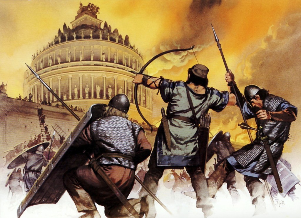 上图:主后537年罗马城的哥特之围(Siege of Rome)。主后410年以后,罗马先后遭到西哥特人、汪达尔人、勃艮第人的入侵和洗劫,主后537年,在东哥特人与东罗马皇帝查士丁尼一世的战争中,罗马几乎所有的排水管道被摧毁,罗马议会制度被废除,罗马人奢华的生活彻底结束了。