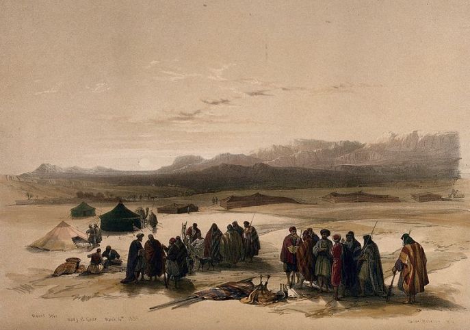 上图：1849年的一封版画，远处是西珥山。西珥山是约旦高原从死海到亚喀巴湾之间海拔1000多米的一片山区，不在应许之地的范围内。