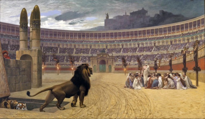 上图:油画《基督教殉道者最后的祷告 The Christian Martyrs' Last Prayer》,法国画家让-里奥·杰洛姆(Jean-Léon Gérôme)绘于1863-1883年。这幅画描绘了尼禄皇帝迫害基督徒的情景:竞技场周围的柱子上,左边是遭受火刑的基督徒,右边是被十字架处死的基督徒,中间的一群基督徒正在祷告,看台上挤满了看热闹的罗马人,远处是罗马城内高耸的神庙和偶像,近处是一群猛兽从地下甬道进入斗兽场,准备把基督徒们撕得粉碎。不管怎幺逼迫,信主的人却越来越多。两百多年以后,罗马皇帝宣布基督教为国教。