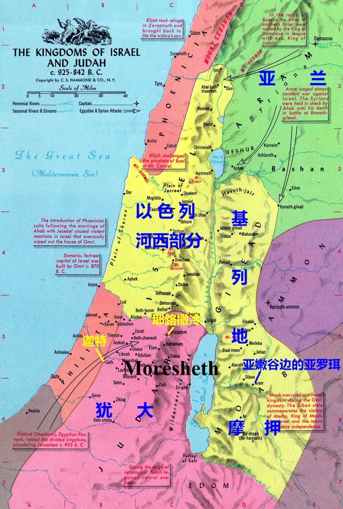 上图:亚兰王哈薛先从北国约哈斯王手中夺取了约旦河东的基列地(王下十32-33;十三33),然后还想控制沿海大道,所以试探性地派了「一小队」(代下二十四24)军兵穿过北国疆土,长驱直入到西南部的「迦特」。不料,「亚兰的军兵虽来了一小队,耶和华却将大队的军兵交在他们手里,是因犹大人离弃耶和华——他们列祖的神,所以借亚兰人惩罚约阿施」(代下二十四24),所以「一小队」亚兰人不但攻陷了「坚固城」迦特,还能沿着以拉谷「上来攻打耶路撒冷」(王下十二18),并不担心后方受到北国的威胁。