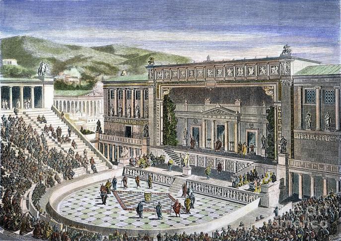 上图：雅典酒神剧场（Theatre of Dionysos）举行戏剧表演。「加上 epichoregeo」原文ἐπιχορηγέω 是一个生动的比喻，取自雅典戏剧节庆的一个典故。有一位富有的人付了合唱团（chorus）的费用，并联合了诗人和政府人士共同推出一场话剧。有几位像这样的富人互相比赛，看谁最慷慨购买道具支持合唱团。于是这个字就代表慷慨大方，不计代价。而基督徒也必须这样不计代价地与神配合，好活出一个正常的基督徒生活。