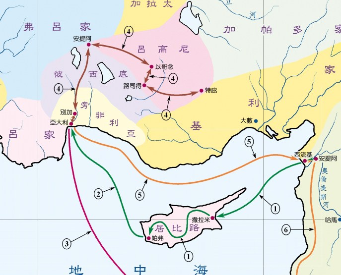 上图:使徒行传第十三章的主要地点:安提阿、西流基、撒拉米、帕弗、别加、彼西底的安提阿、以哥念。