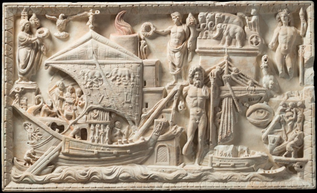 上图：主后2-3世纪的古罗马浮雕（Torlonia relief），描绘了台伯河口北岸的波特斯港（Portus）和货船。