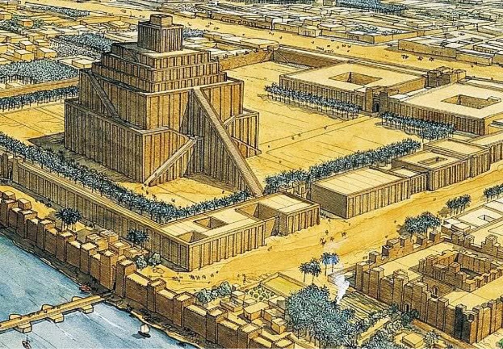 上图：巴比伦的保护神马尔杜克（Marduk）的神庙（Esagila），庙中有七层神塔（Etemenanki）。巴别塔可能就是类似的建筑。