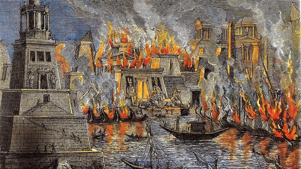上图:1886年《埃及通史》( Popular History of Egypt by John Westrop Watkins)中的版画:《烧毁亚历山大皇家图书馆 Burning of the Royal Library of Alexandria》。这个图书馆由亚历山大大帝于主前331 年建立,是古代世界最大和最重要的图书馆之一。它在托勒密王朝的赞助下蓬勃发展,成为希腊化世界最重要的学术中心。其中旧约圣经的希腊文《七十士译本》最初就是在这里译成并收藏。主前47年,凯撒围攻亚历山大(Siege of Alexandria)时,焚毁了位于布鲁却姆(Brucheium)的总馆,全部馆藏过半被毁。