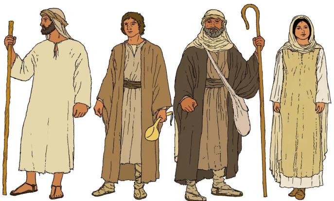 上图:古代以色列人外衣的想象图。作为「当头」的「衣服」(申二十四13)原文是「שַׂלְמָה salmah」,可能是一种比较重的外袍或披肩,用一大块粗糙的长方形羊毛或亚麻布料缝合在一起,前面没有缝合,手臂的位置有两个开口。这件外袍白天可以防雨和御寒,晚上可以当被子,还可以用来包东西(出十二34;王下四39)。而「衣裳」(申二十四17)原文是「בֶּגֶד beged」,泛指衣服。由于以色列人从来不用绘画、雕刻或浮雕来夸耀自己,所以除了圣经之外,很少有服装的图像史料。现代人只能根据埃及壁画和亚述浮雕中的一些线索,以及中东其他国家的服装来推测古代以色列人的服装。