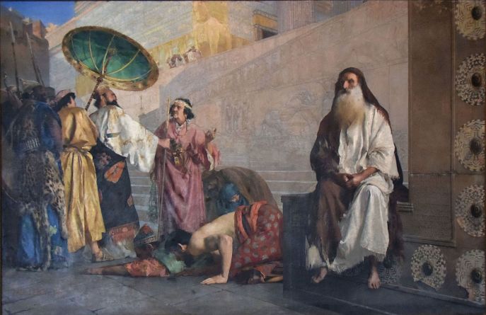 上图:法国画家保罗·莱罗伊(Paul Leroy,1860-1942年)1884年的油画作品《哈曼和末底改 Haman and Mordecai》,描绘「那日哈曼心中快乐,欢欢喜喜地出来;但见末底改在朝门不站起来,连身也不动,就满心恼怒末底改」(斯五9)。