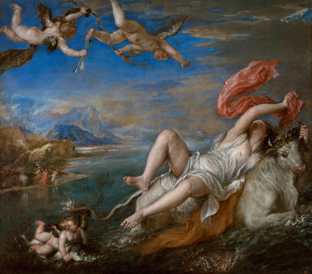 上图：油画《欧罗巴被掳 The Rape of Europa》（提香Titian，作于1560-1562年）。在希腊神话中，宙斯看中了推罗王的女儿欧罗巴，遂化身为一只雪白的公牛诱奸欧罗巴，并把欧罗巴带到克里特岛。欧罗巴和宙斯生了三个儿子，后来成为克里特岛的统治者。推罗王叫儿子们出去寻找女儿，没有找到就不要回来，结果儿子们都滞留他乡，其中卡德摩斯（Cadmus）把腓尼基字母带到了希腊。希腊人把爱琴海以西的大陆称为「欧罗巴」，成为欧洲名称的起源。孕育文明的欧罗巴和传播腓尼基字母的卡德摩斯都来自推罗，代表推罗在早期文明西传到爱琴海和欧洲的过程中所扮演的重要角色。希腊人在黑暗时期以后，重新学会了腓尼基字母，并加上母音，成为后来欧洲各类字母之祖。腓尼基的商船所带来的埃及笔墨纸张，也促进了希腊文学的萌芽。
