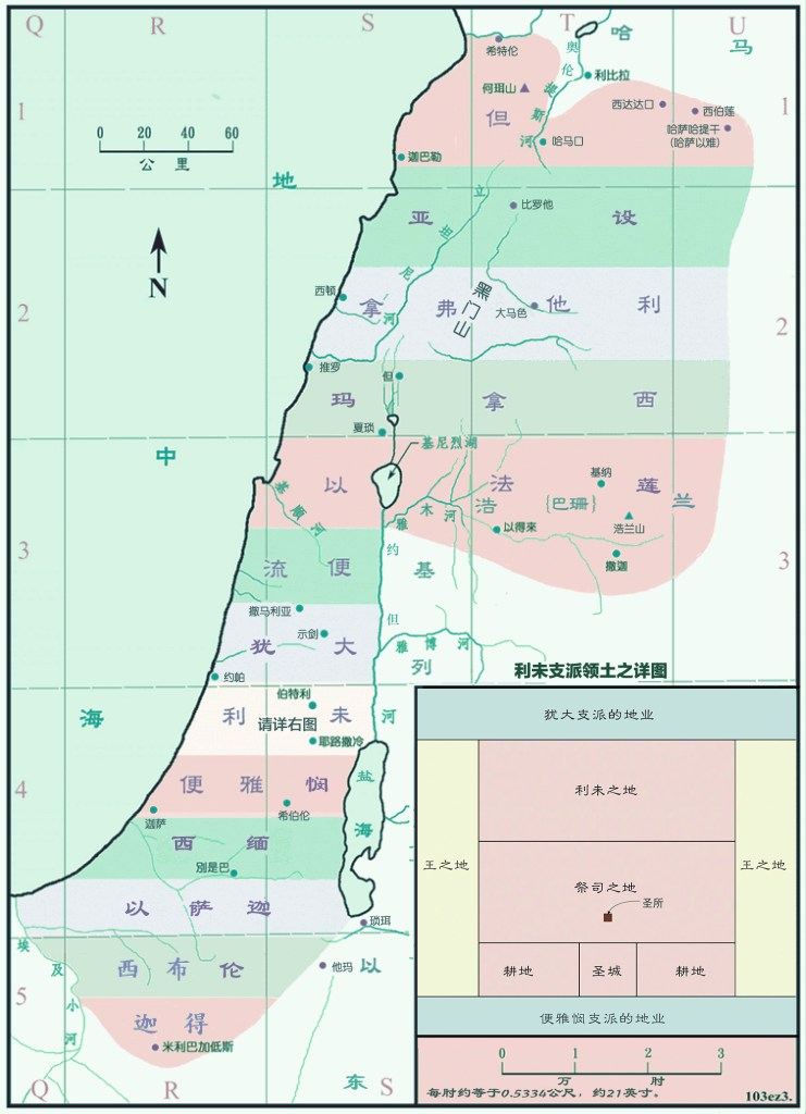 上图：以西结异象中各支派重新分地示意图。此图只是说明各份地的相邻关系，千年国度里实际的地形可能会有很大的变化，以致各支派的地东西长度都相同（结四十八8）。
