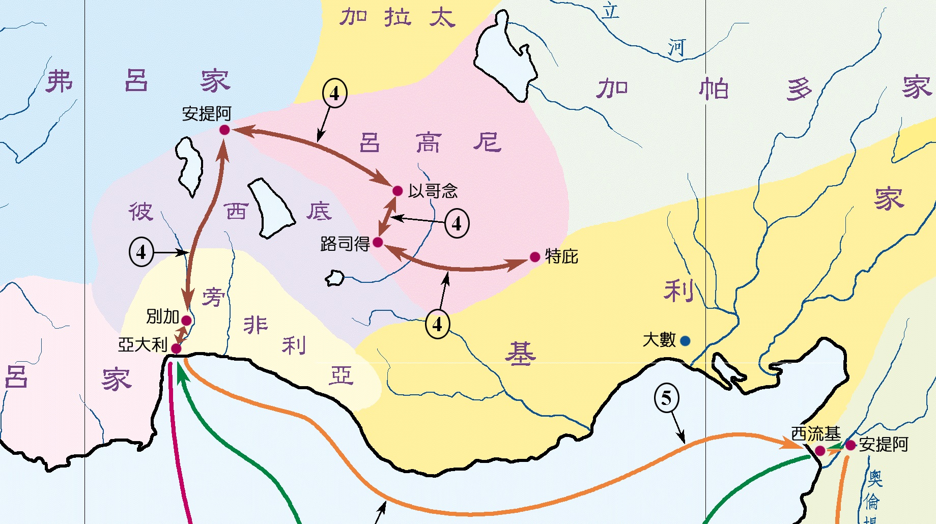 上图:使徒行传第十四章保罗第一次宣教旅程经过的地点。《加拉太书》的收信教会,可能包括彼西底的安提阿、以哥念、路司得、特庇。
