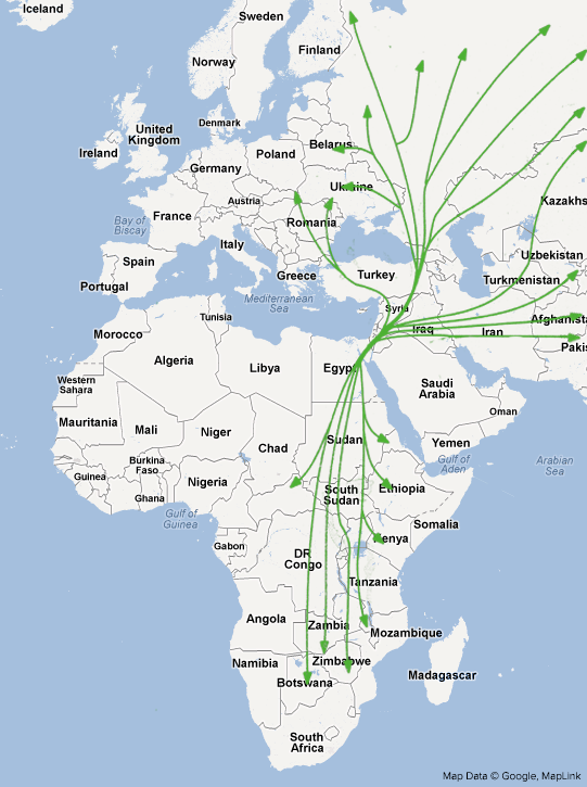 上图：大裂谷飞行路线（The Great Rift Valley Flyway）是鸟类在欧亚大陆和非洲之间的迁徙路线，经过以色列和埃及之间的西奈半岛。这是世界上最重要的鸟类迁徙走廊之一。