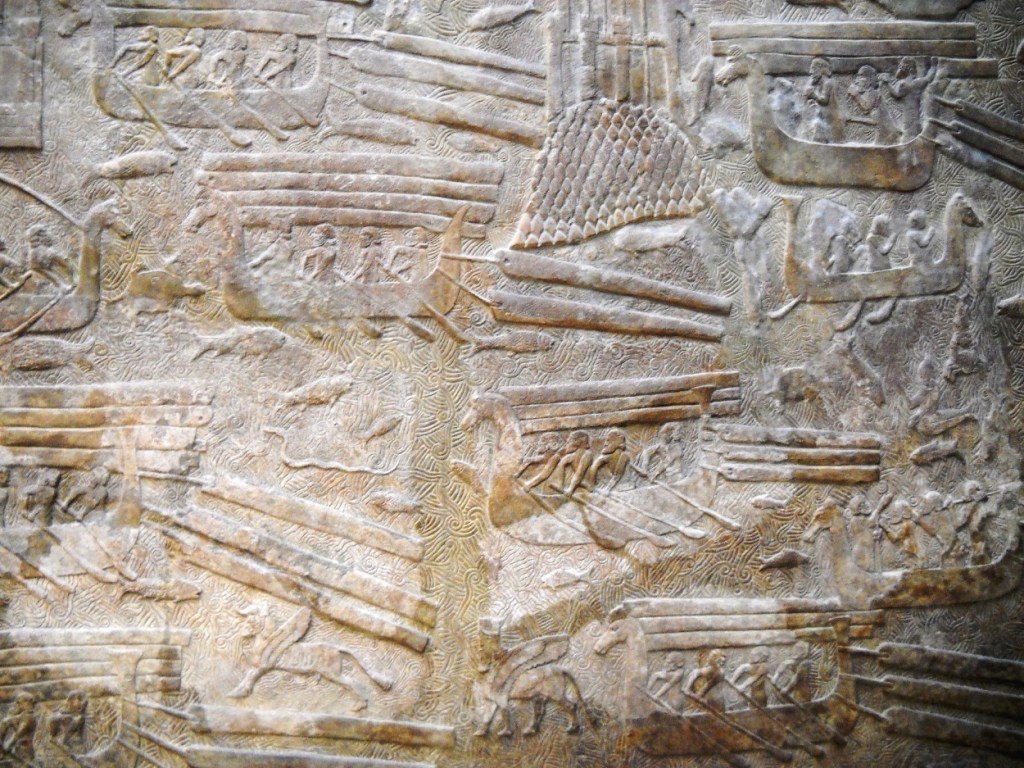 上图：主前716-713年的亚述浮雕，用一系列生动的画面描绘了腓尼基人装载、海运和卸载黎巴嫩的香柏木，用以建造亚述王的宫殿。在所罗门和所罗巴伯的时代，推罗人也用同样的方法为建造圣殿提供香柏木。该出土于杜尔·沙鲁金（Dar Sharrukin）亚述王撒珥根二世（Sargon II，主前722-705年在位）的宫殿，收藏于卢浮宫。